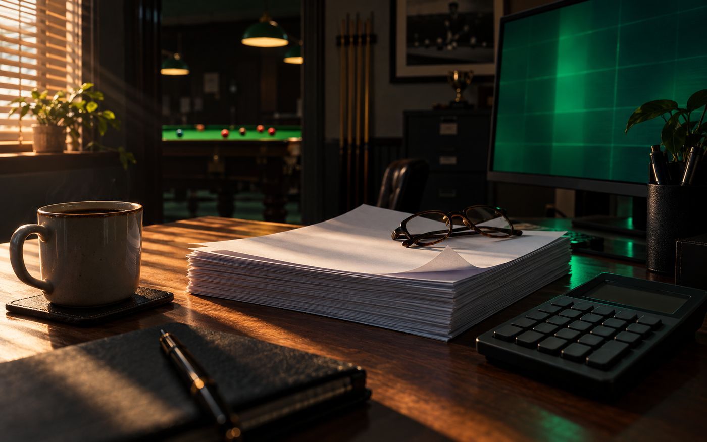 An accountant's desk the morning after a month close, statements squared and checked
