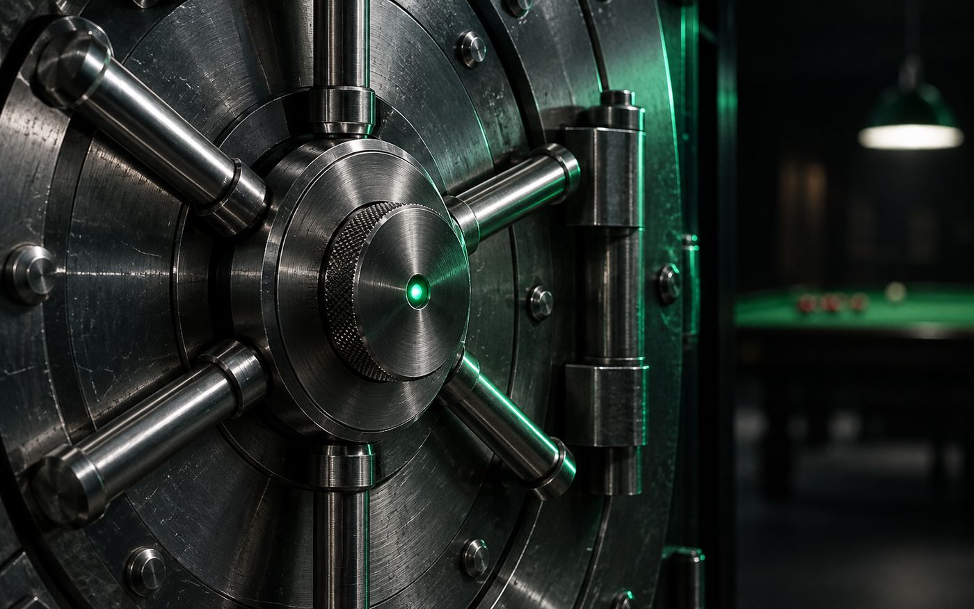 A closed vault mechanism in brushed steel, lit green - the integrity layer under the money