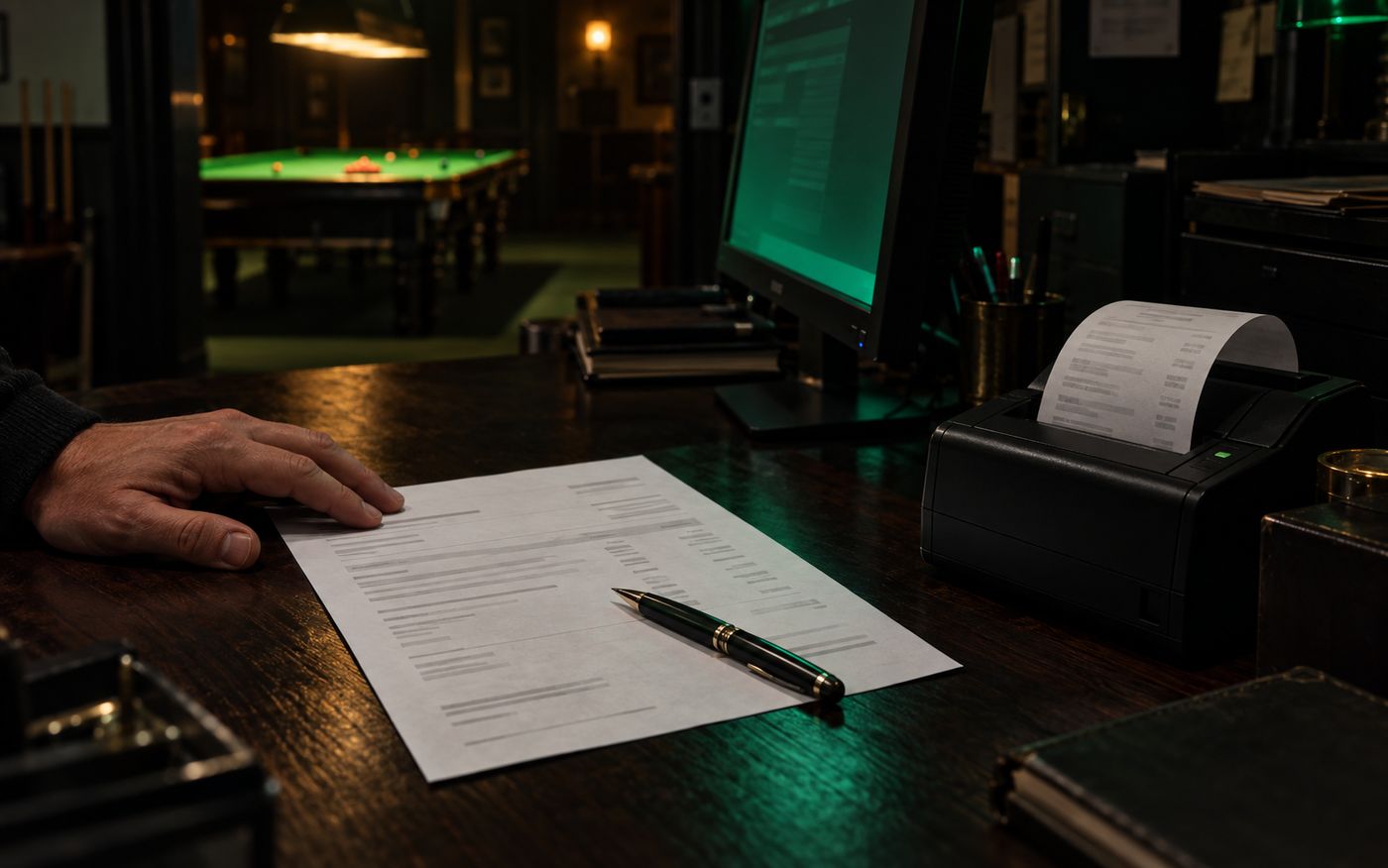 An invoice checked against the thermal receipt at a snooker club back office desk
