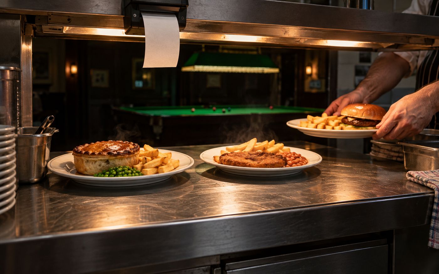 Plates leaving the pass of a snooker club kitchen with the order ticket printing above them
