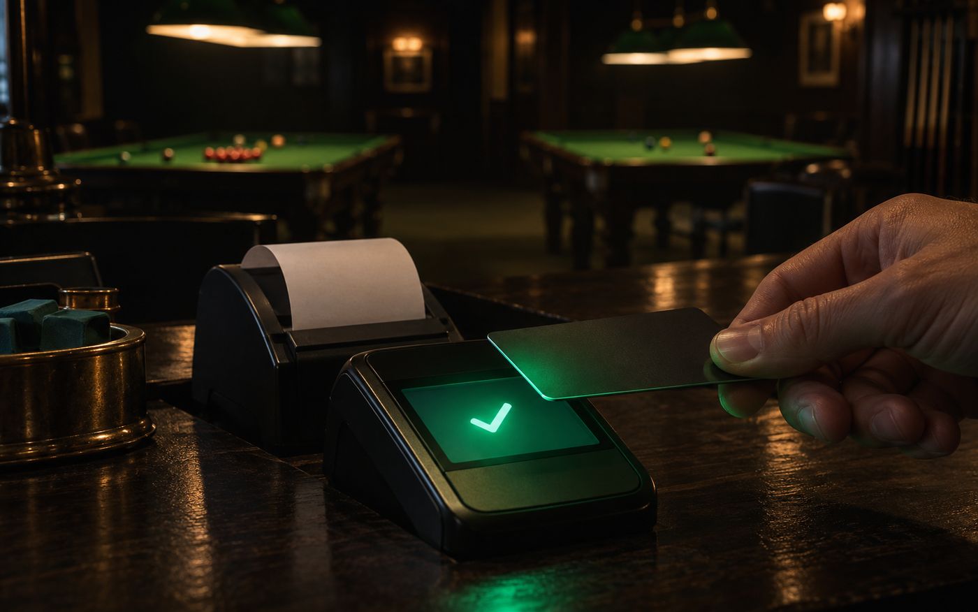 A contactless card held over a payment terminal at a snooker club counter as the receipt starts to print
