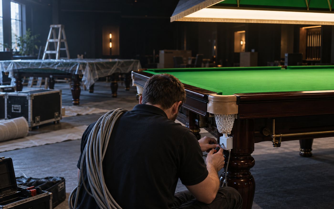 A technician fitting a lighting relay to a freshly clothed table during a new venue fit-out