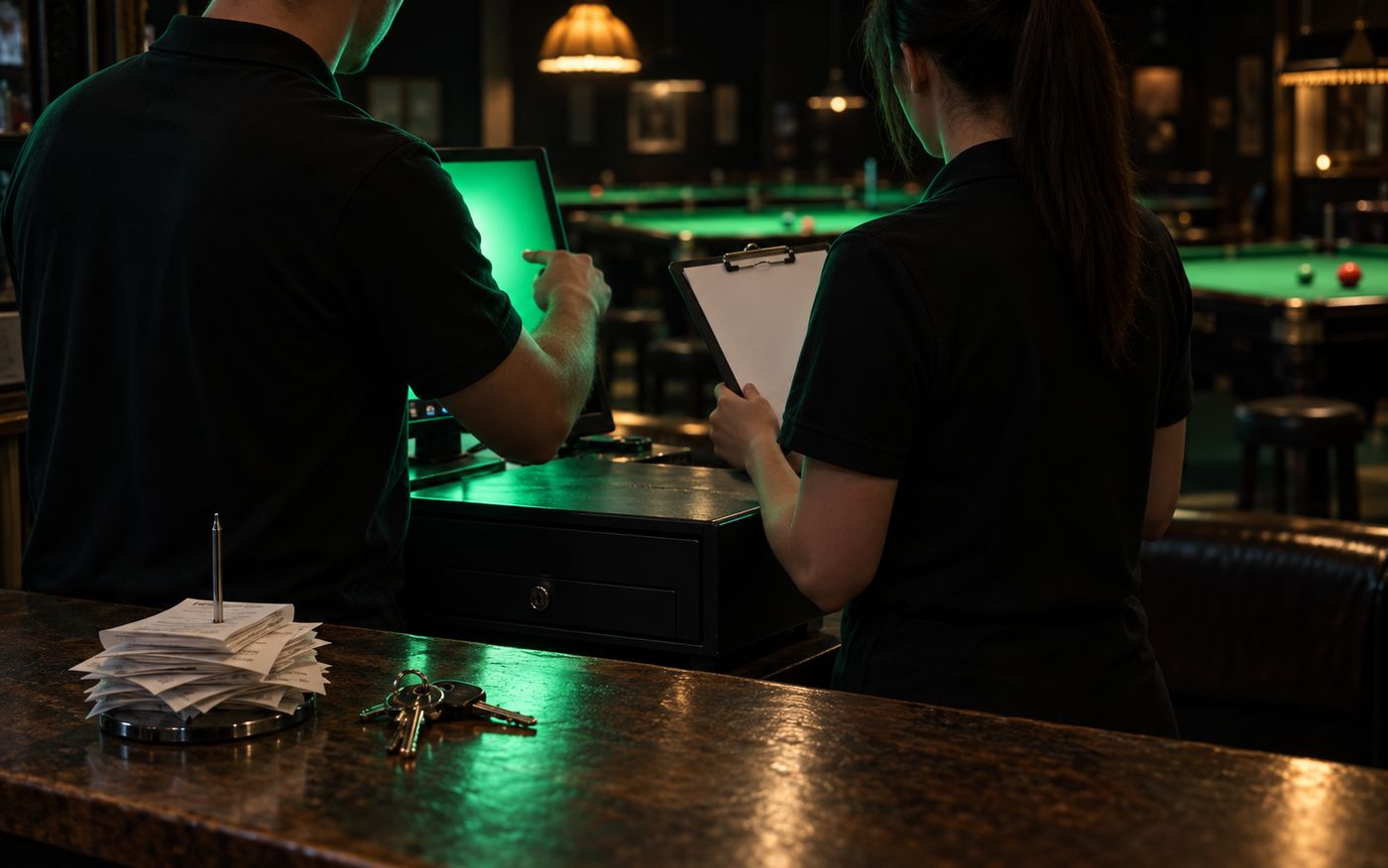 A shift handover behind a snooker club counter: takings checked, keys and receipts passed over
