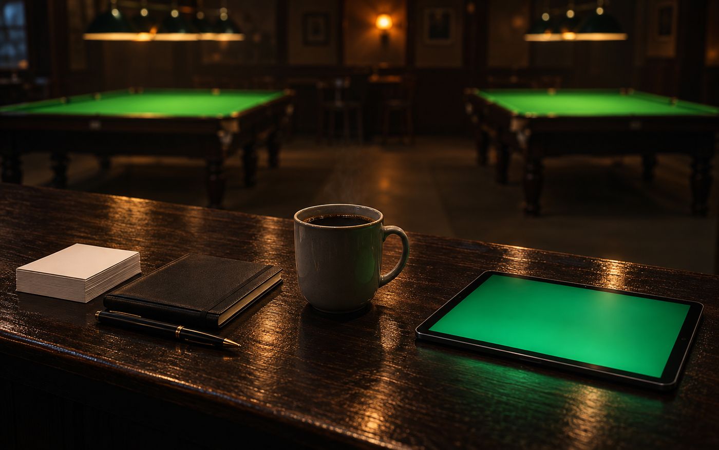 The counter of a snooker club between rushes: notes, coffee and a tablet, ready for the next question