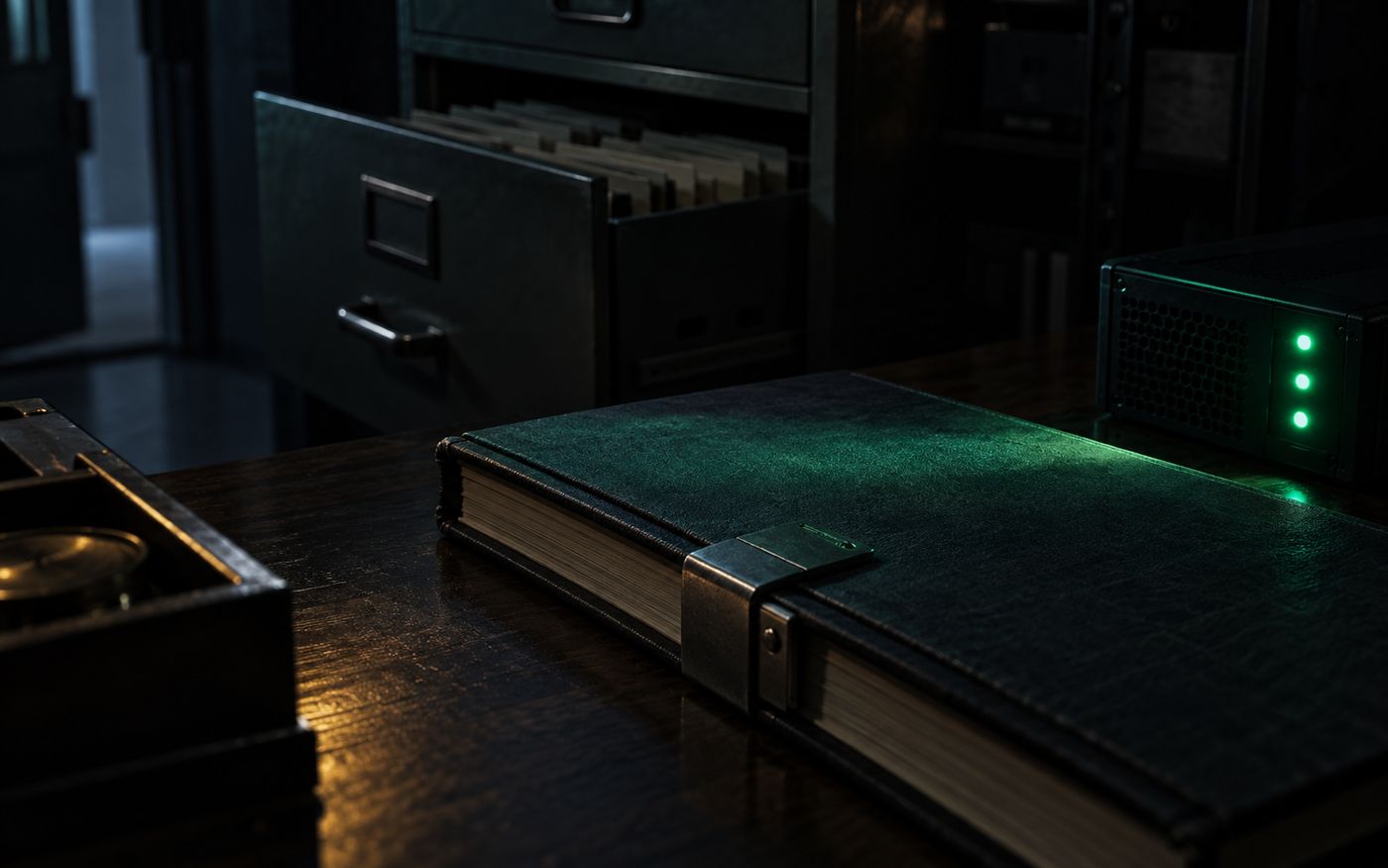 Locked filing cabinet and bound ledger in a snooker club back office, lit by the status lights of a small server
