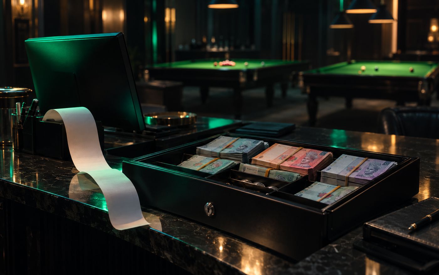 Cash drawer and receipt roll on a snooker club counter at end of shift, lit by the green glow of the till screen