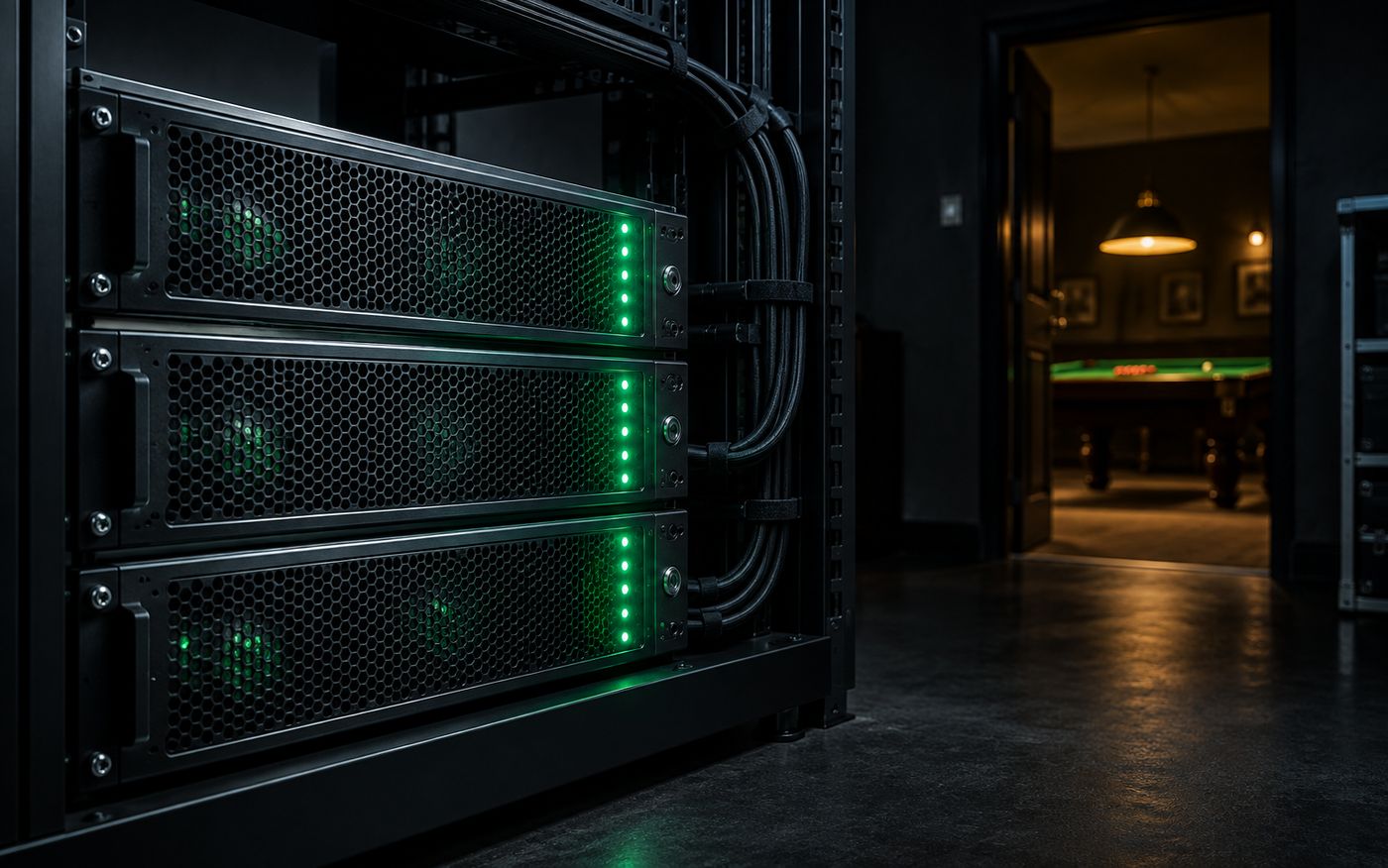 Server rack with green status lights in the back room of a snooker venue, a lit table visible through the doorway