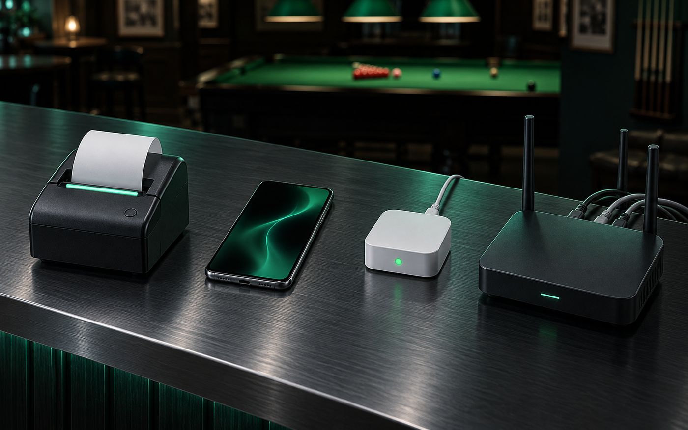 Thermal receipt printer, phone, IoT relay and network router lined up on a snooker club counter