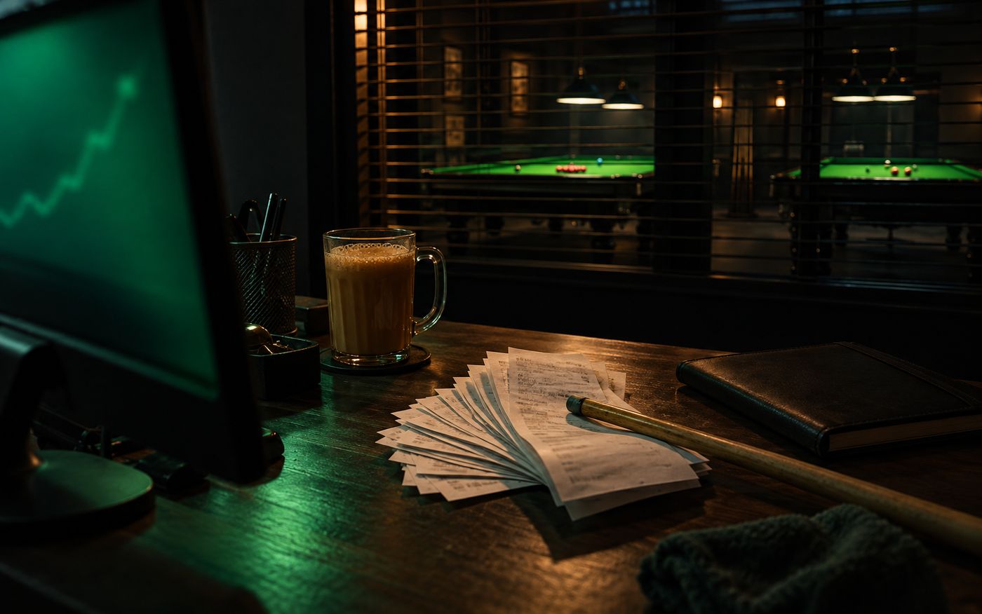 A snooker venue owner's desk at closing time with receipts, a mug and a monitor showing a rising revenue trend