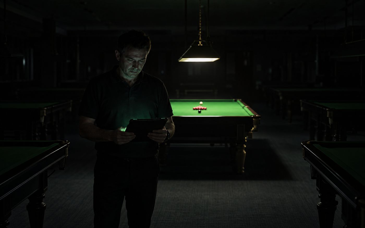 Venue manager with a tablet in a snooker hall during a power cut, one table still lit