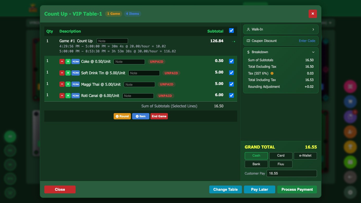 Settling a table in Snooker King: every game round and F&B line on one bill with tax, rounding and the tender buttons for cash, card, e-wallet and bank
