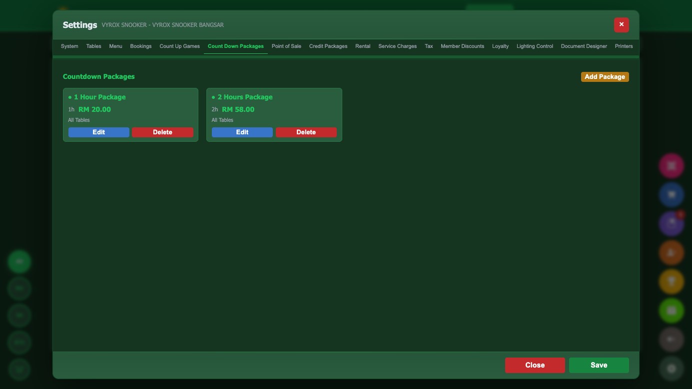 Countdown packages in Snooker King: prepaid blocks of play with their price, duration and the table types they apply to