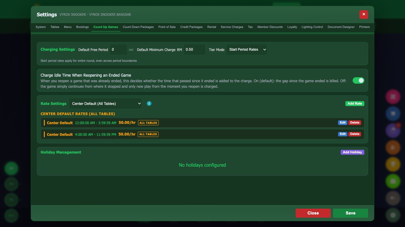 Count-up rate cards in Snooker King: the hourly rate per table type, split by day part, with a minimum charge and an idle-time rule
