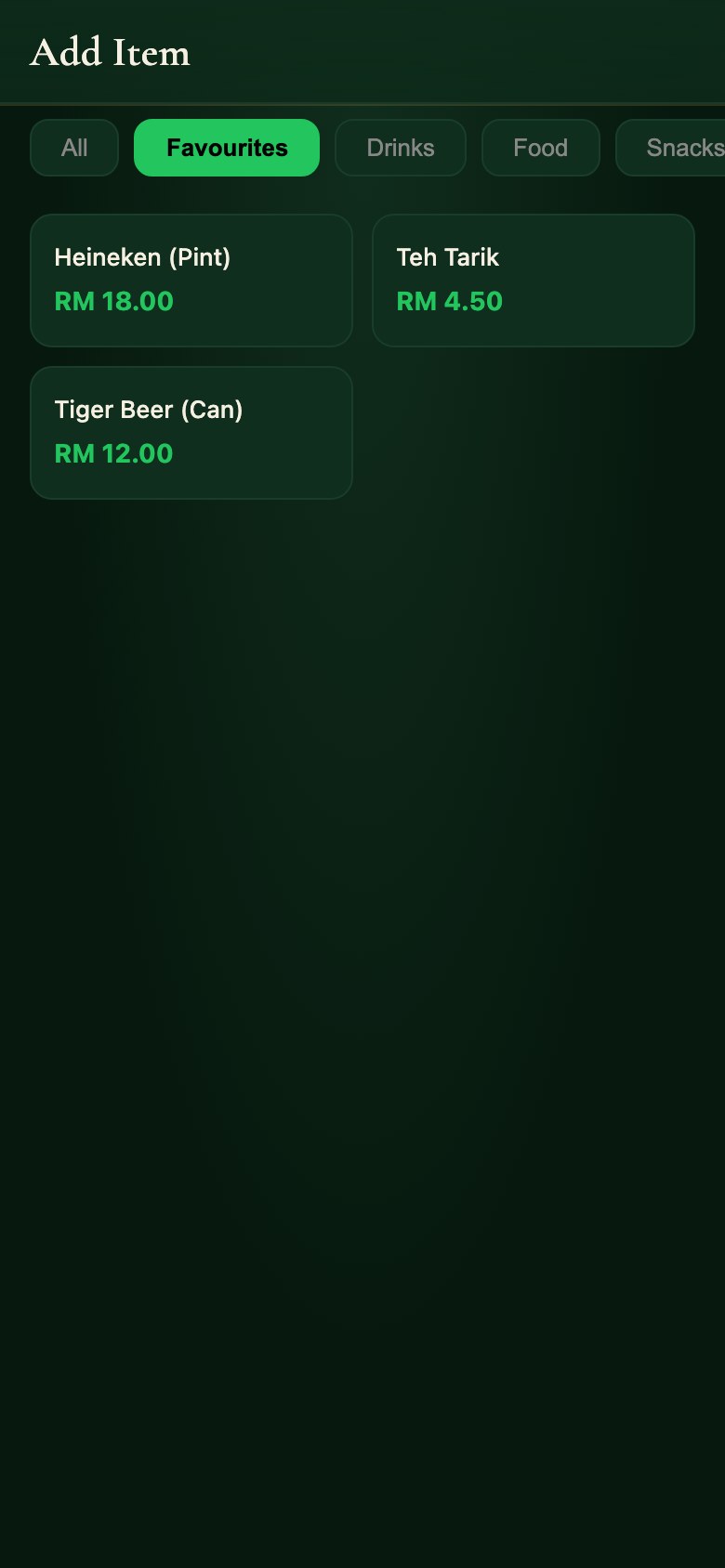 Adding food and drink to a running table in the Snooker King owner app, from the same item list the counter uses
