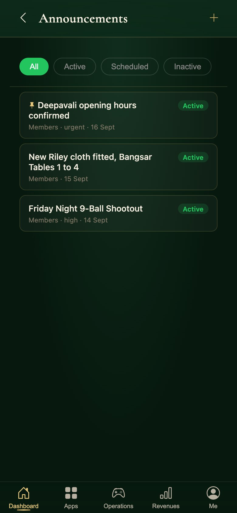 Announcements in the Snooker King operator app, published to the floor and to members
