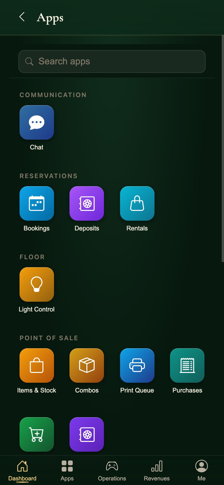The app launcher in the Snooker King operator app, every tool in one grid