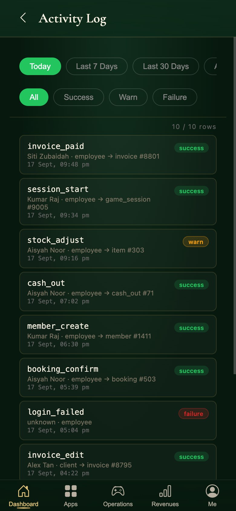The activity log in the Snooker King operator app: who did what, and whether it succeeded