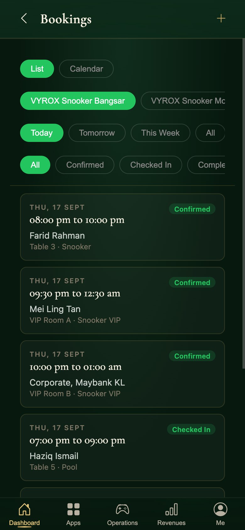 Today’s bookings in the Snooker King operator app, each with its table and status