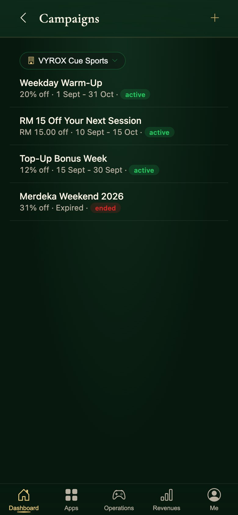 Discount campaigns in the Snooker King operator app, with their window and their state