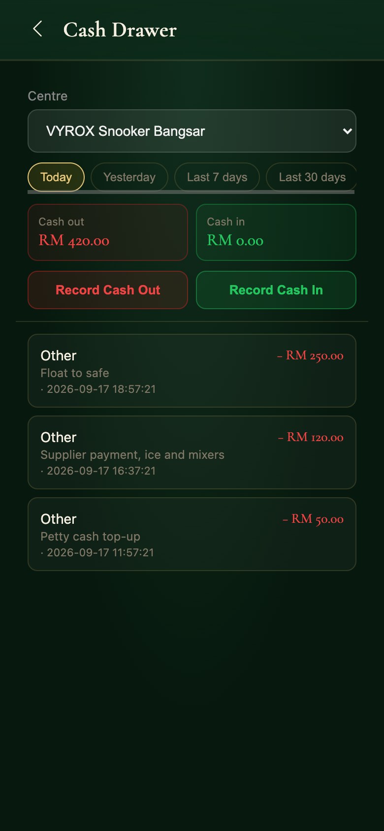 The cash drawer ledger in the Snooker King operator app: every cash-in and cash-out with a reason