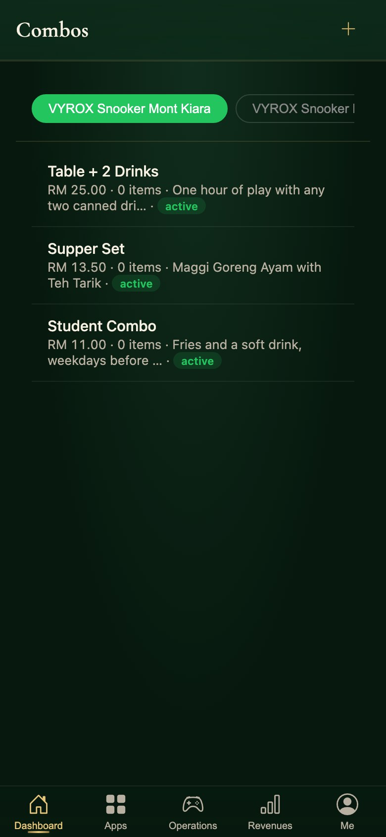 Combo deals in the Snooker King owner app: a set of items sold together at one price, with the items each combo contains