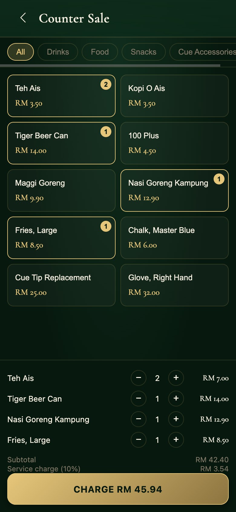 A counter sale in the Snooker King operator app, with the cart and the service charge