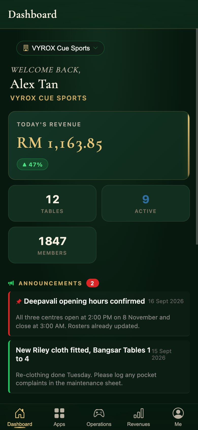 The Snooker King operator app: today’s takings, tables open and member count on one dashboard