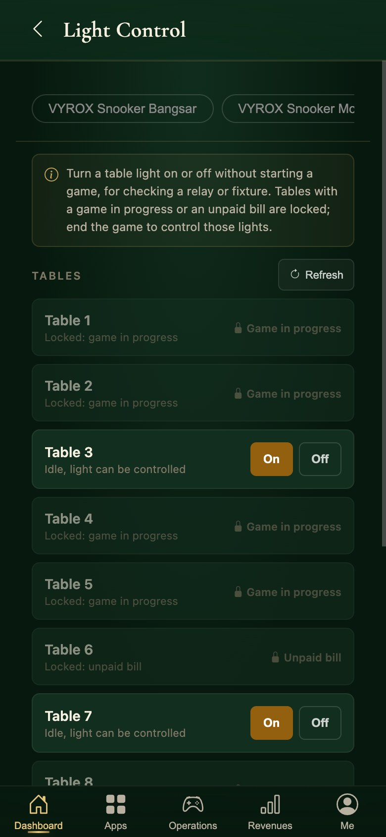 IoT table lights in the Snooker King operator app, with tables locked while a game is running