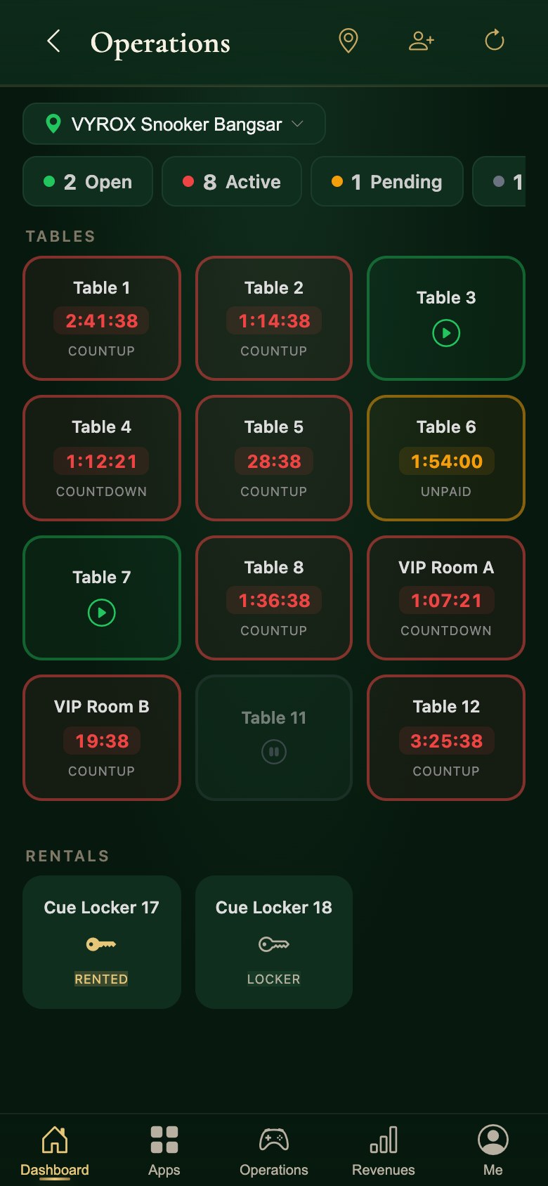 The live table floor in the Snooker King operator app: every table with its timer and running spend