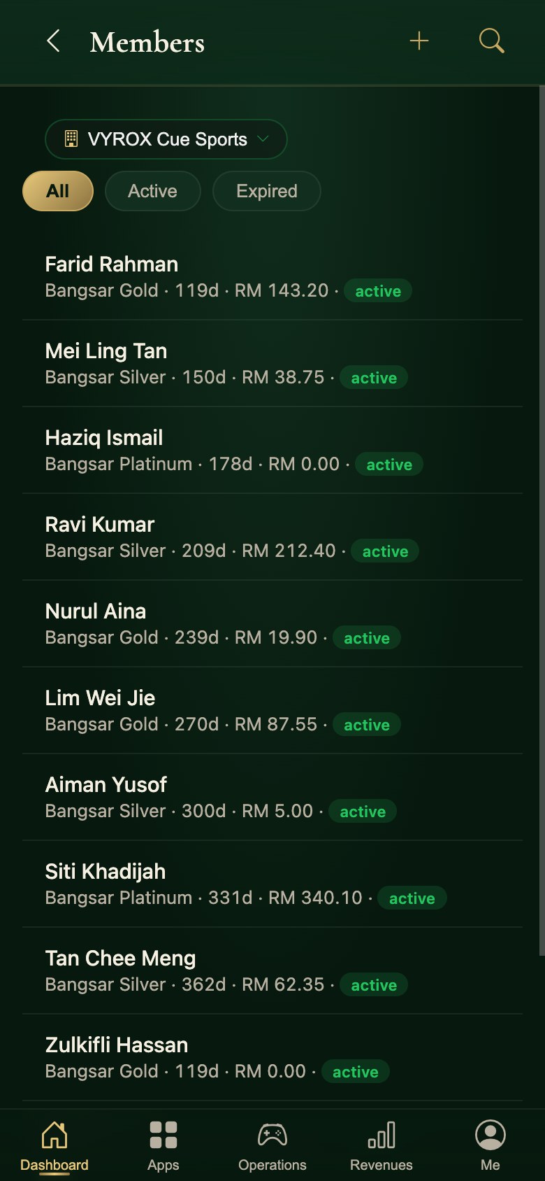 The member directory in the Snooker King operator app: plan, expiry and credit per member