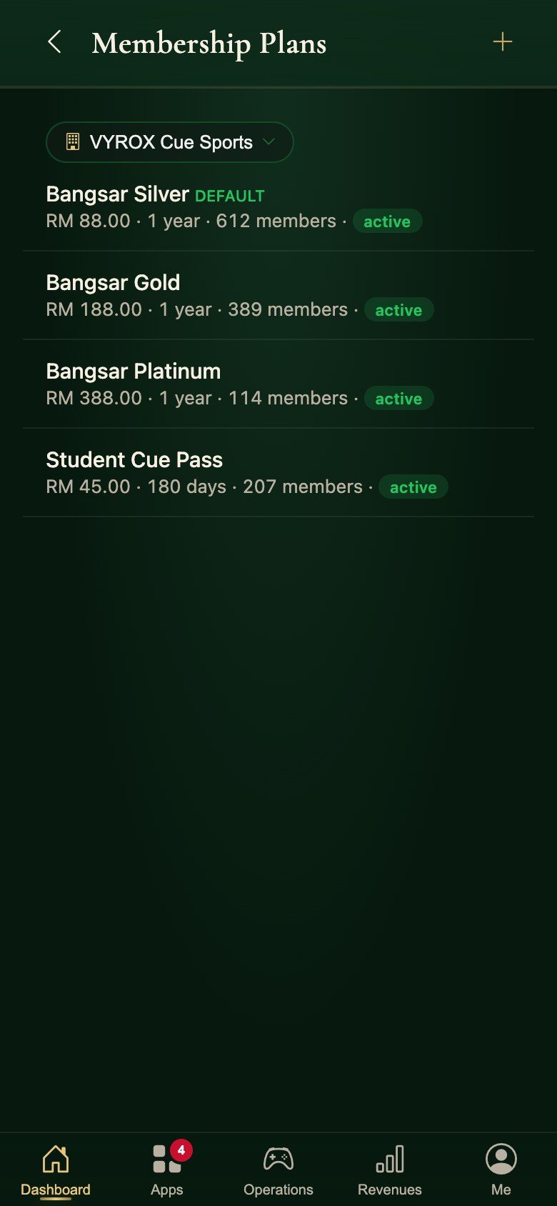 Membership plans in the Snooker King operator app, each with its live member count