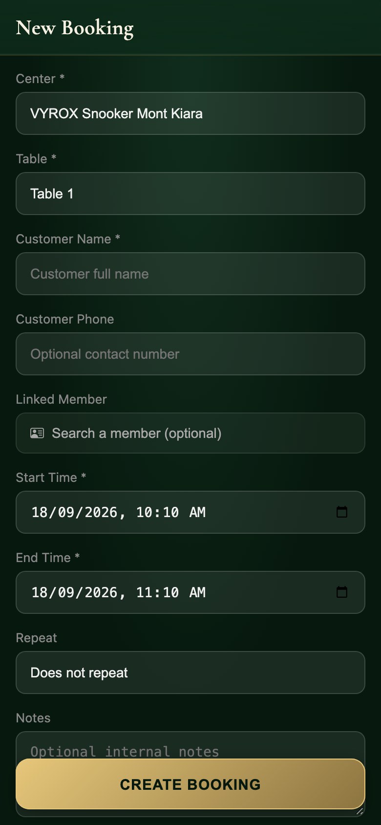 Taking a booking in the Snooker King owner app: the centre, the table, the date and the time on one form