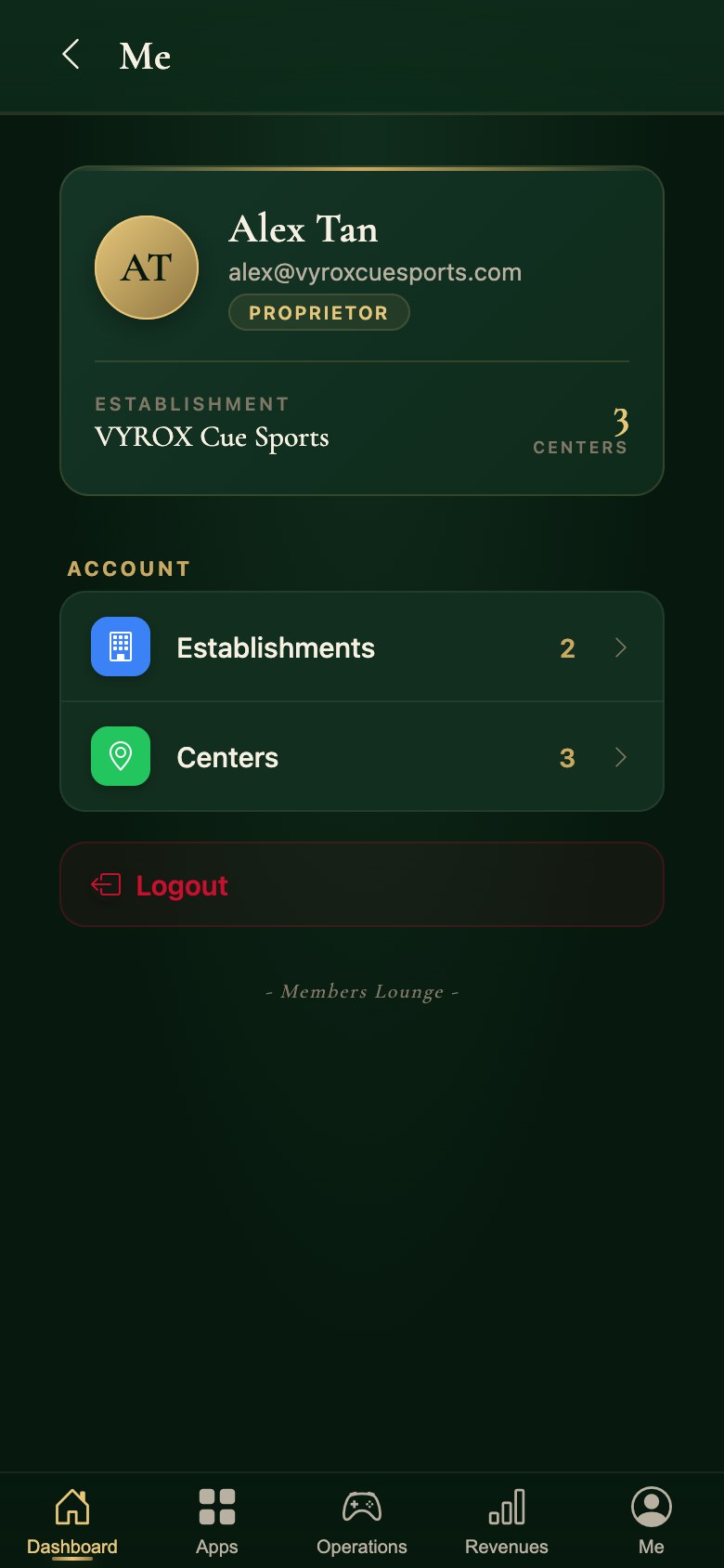 The owner account in the Snooker King operator app, with the establishments and centres it covers
