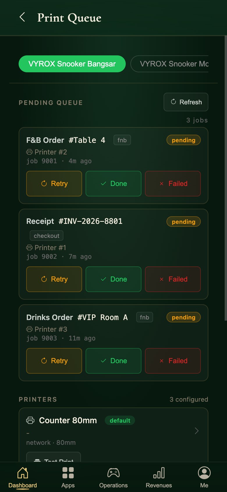 The print queue in the Snooker King operator app: pending jobs and the printers behind them