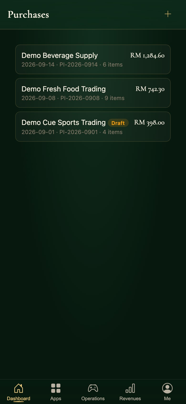 Purchase invoices in the Snooker King owner app: what each supplier delivered, on what date, at what total