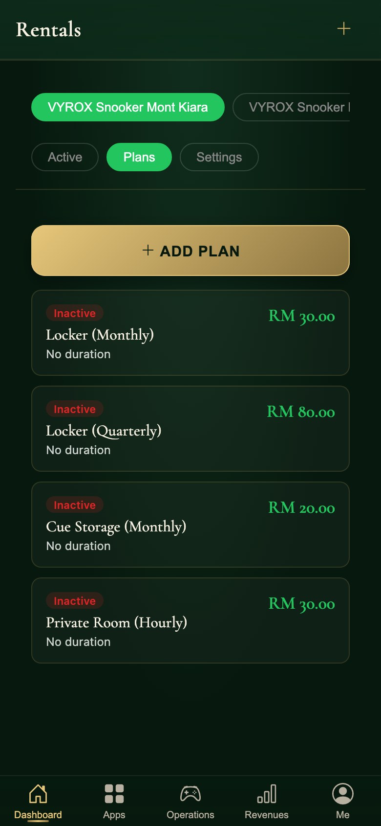 Rental plans in the Snooker King owner app: lockers and cue storage priced by the month, the quarter or the hour