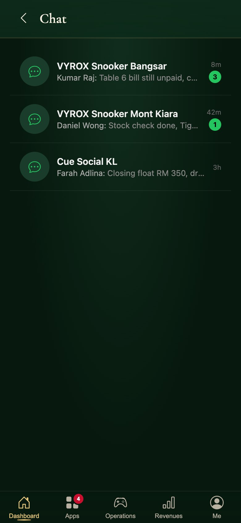Per-centre staff chat in the Snooker King operator app