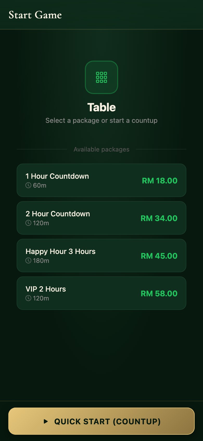 Starting a table in the Snooker King owner app: pick a countdown package or begin an open count-up