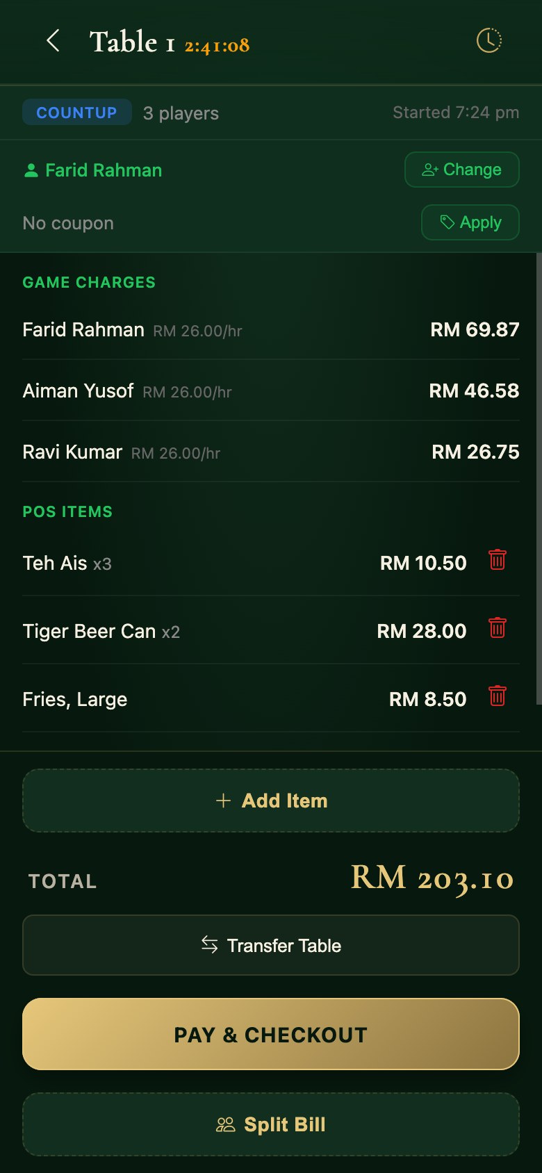 A table session in the Snooker King operator app: game charges and food lines on one bill