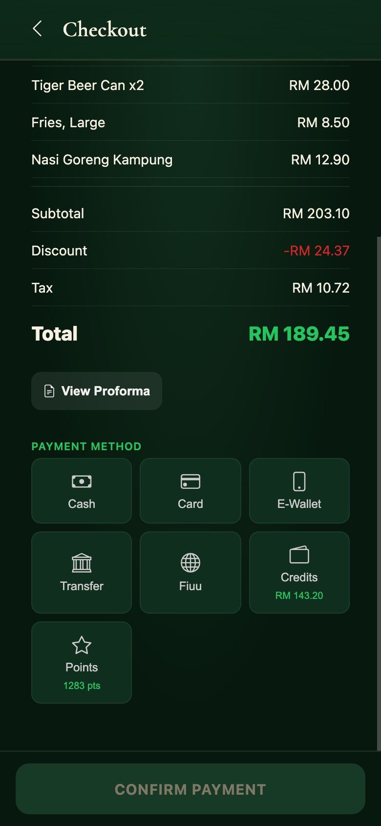 Checkout in the Snooker King operator app: discount, tax, total and every tender the club accepts