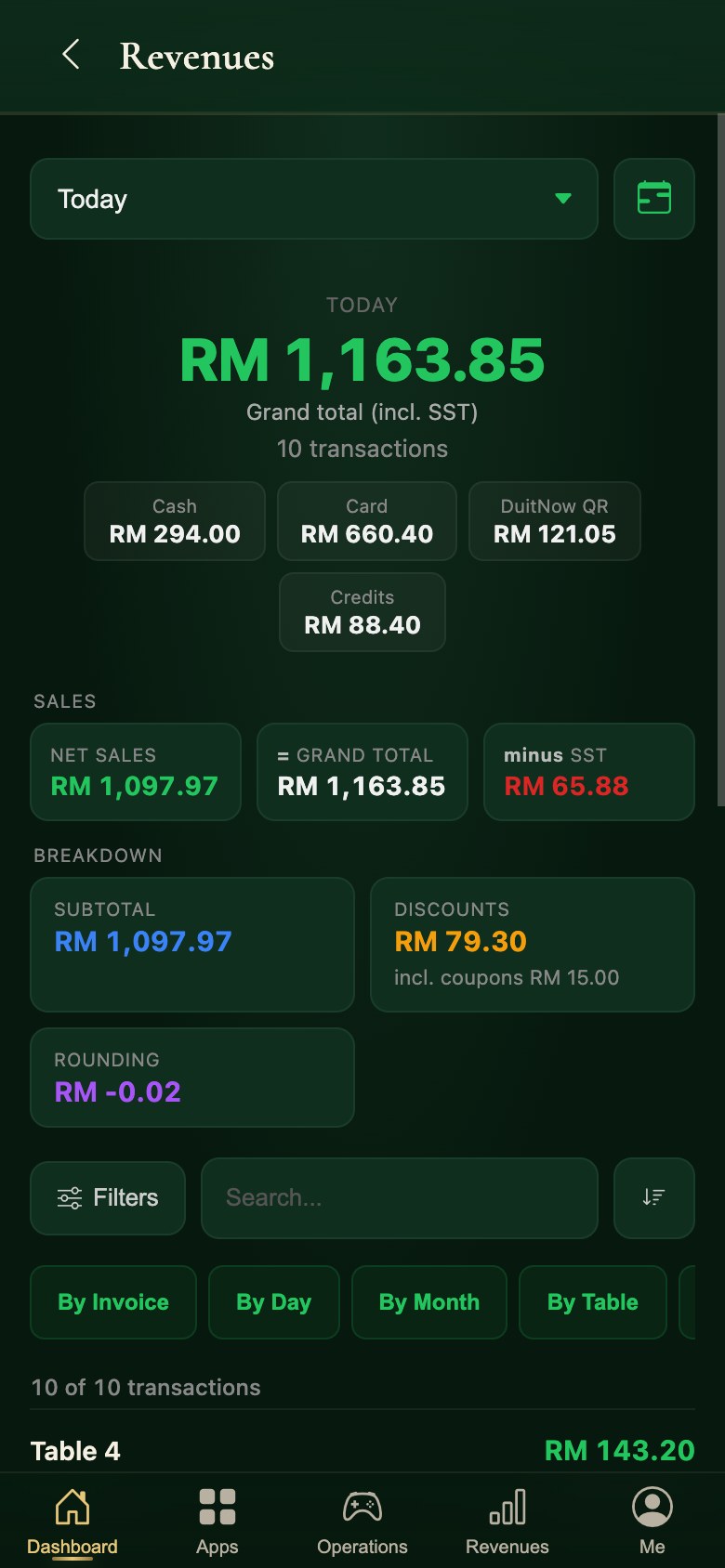 Today’s revenue in the Snooker King operator app, split by payment method with the tax line
