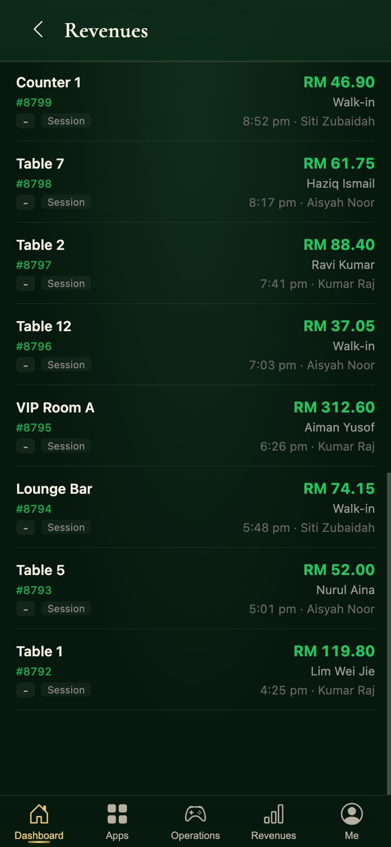 The transaction list in the Snooker King operator app, bill by bill with the server who closed it