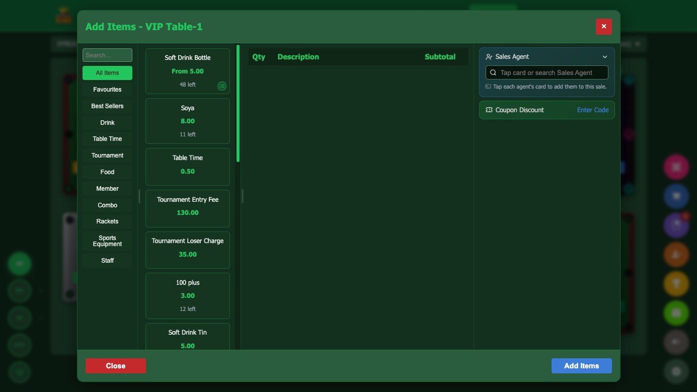 The Snooker King point of sale: item categories with live stock counts, a running order for VIP Table-1, per-line sales agent, coupon entry and a rounding breakdown