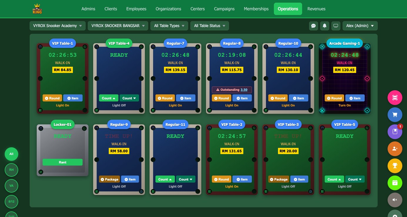 The Snooker King Operations console: twelve tables on one screen with live session timers, spend per table, outstanding-bill alerts and per-table lighting control