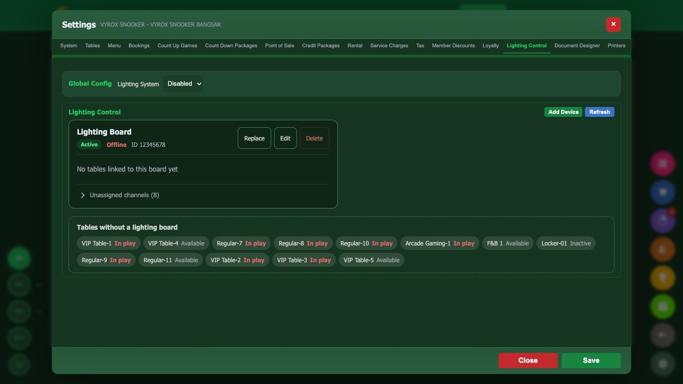 Table light automation in Snooker King: each table mapped to its relay channel, so starting a game turns the light on by itself