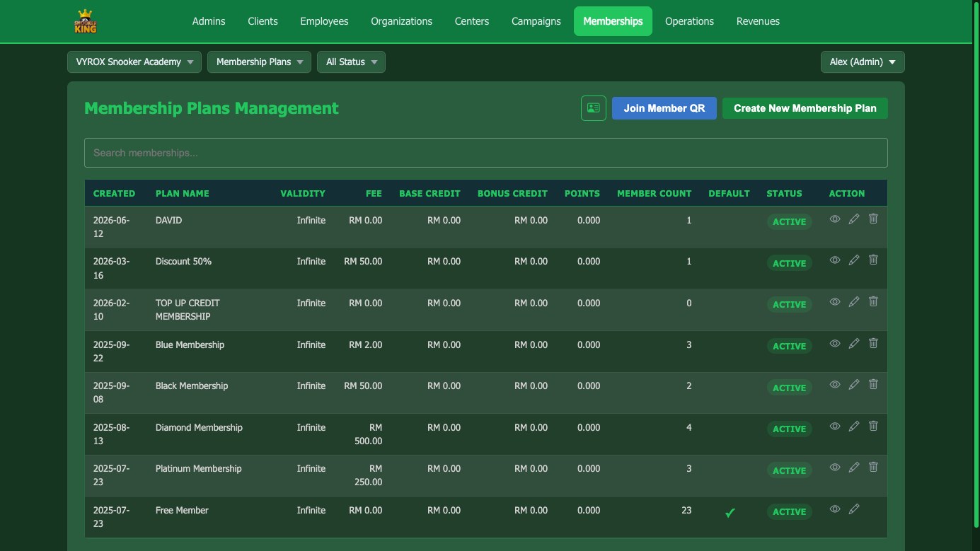 Membership plan management in Snooker King: each plan with its fee, base and bonus credit, points, live member count and default-plan flag
