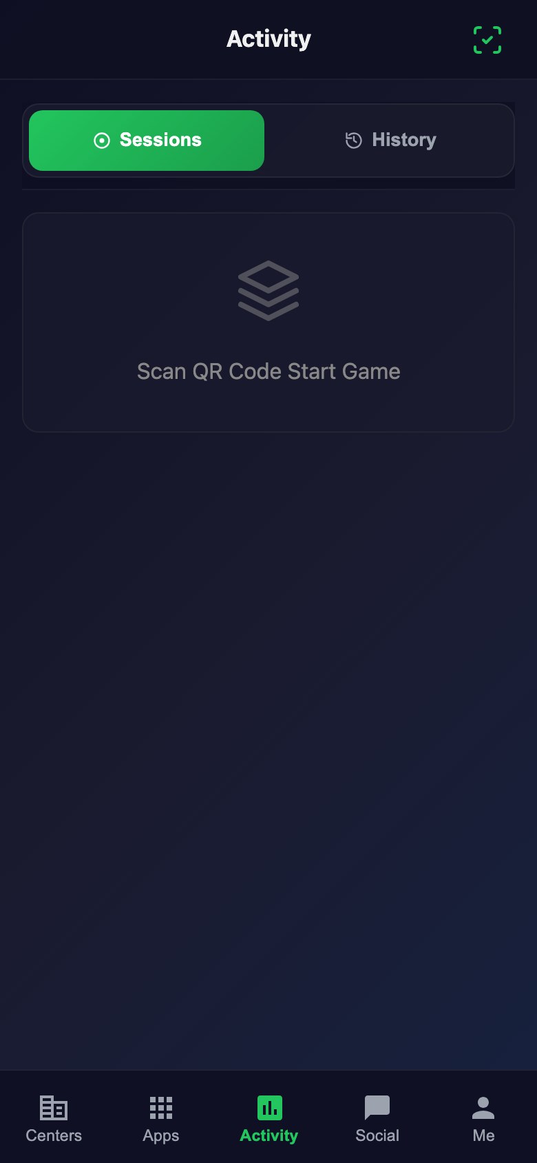 The Snooker King member app activity feed: this player’s sessions and history, with shortcuts to scan a QR code or start a game