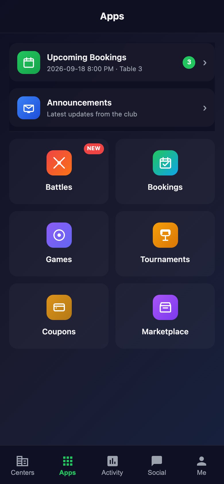 The app hub in the Snooker King member app: bookings, battles, games, tournaments, coupons and marketplace