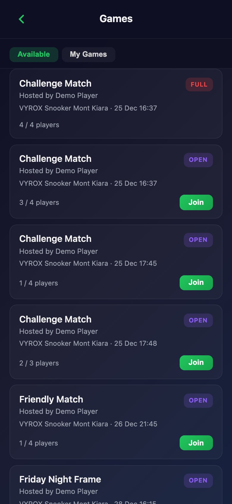 Open challenge and friendly matches in the Snooker King member app, each with the club, the time and how many player slots are left