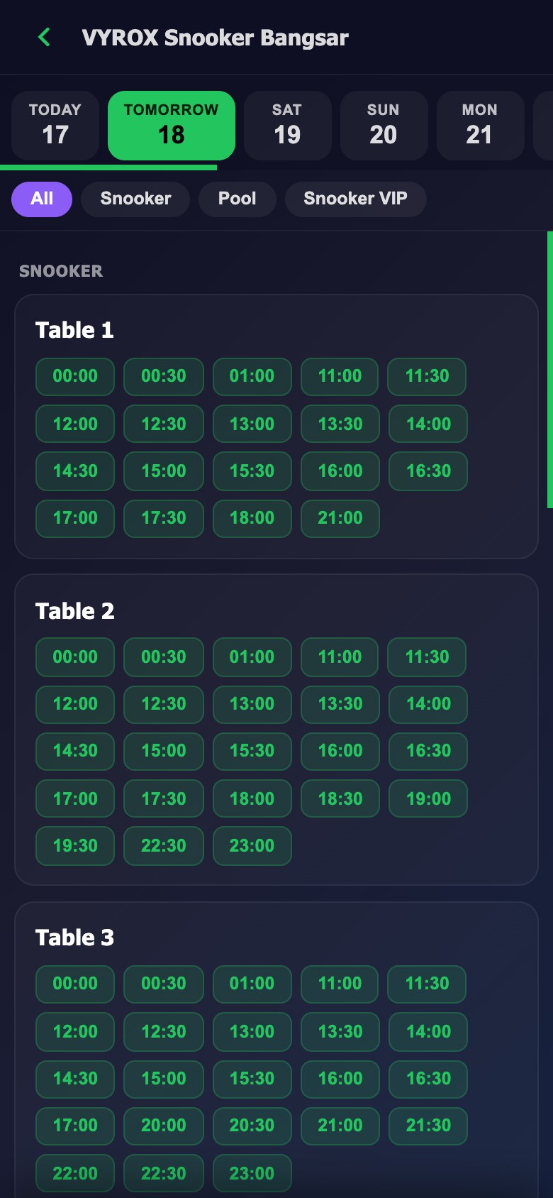 Booking a table in the Snooker King member app: every table down the side, every half hour across the top